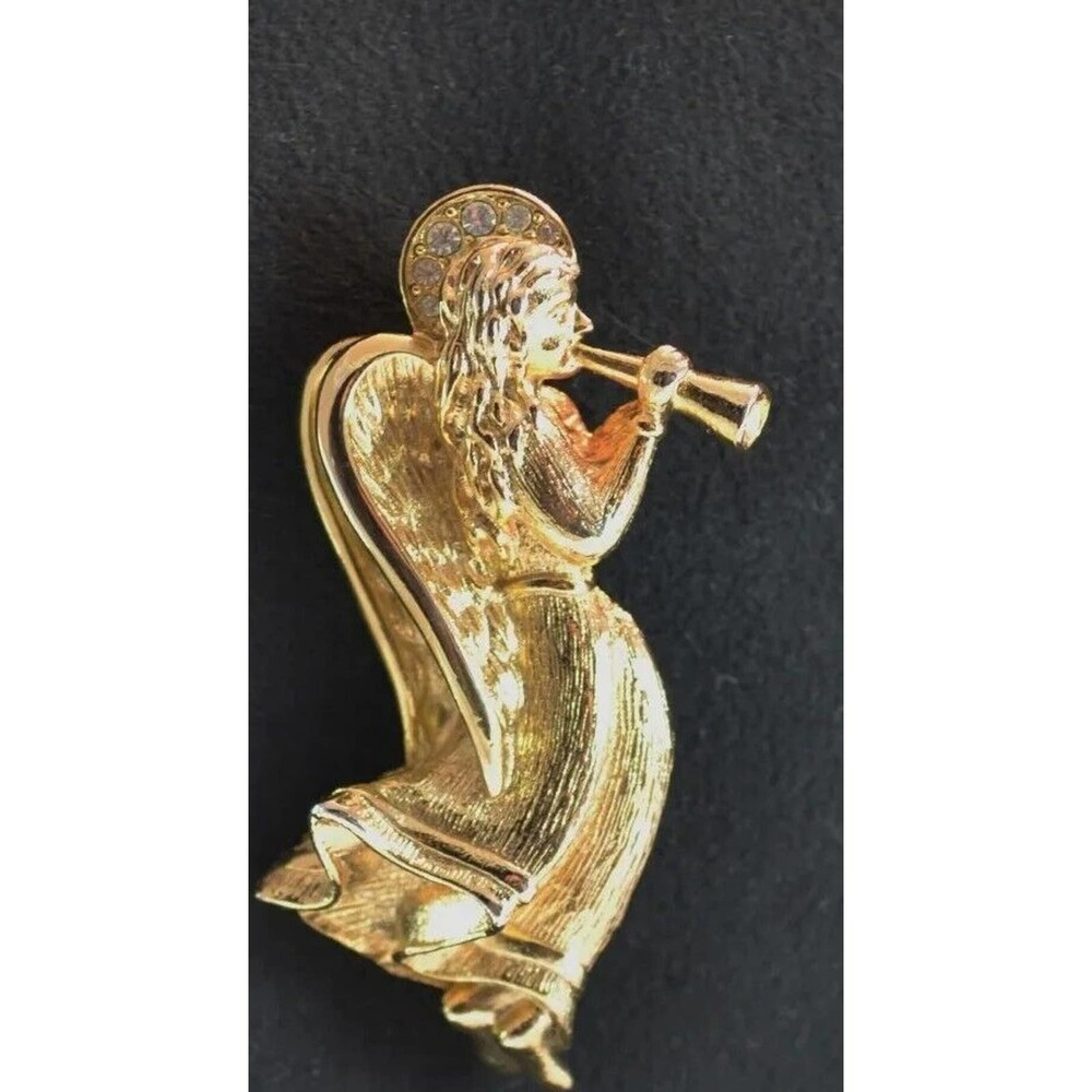 Vintage Christmas Gold-Tone Rinestone Angel with Horn Brooch Signed By G…